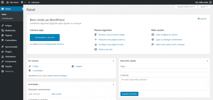 Tela inicial do painel de administração do WordPress