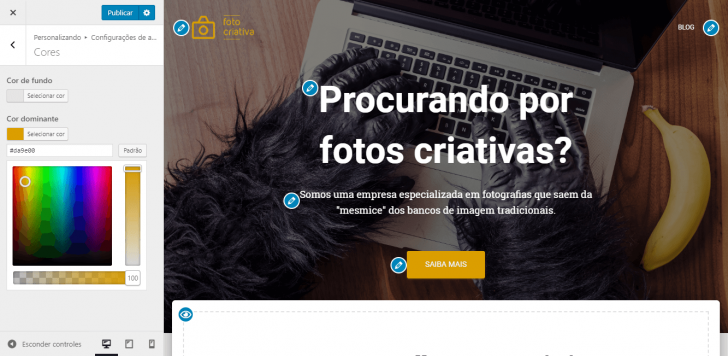 A cor escolhida é aplicada imediatamente na página