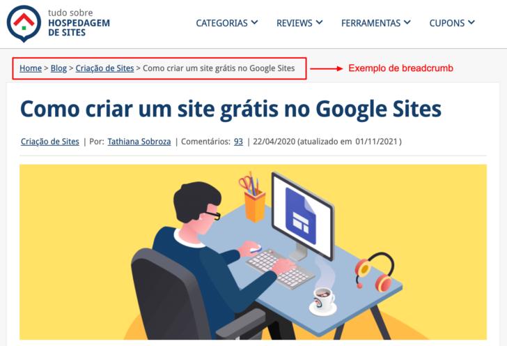 O breadcrumb permite visualizar as páginas de forma hierárquica e navegar usando os links