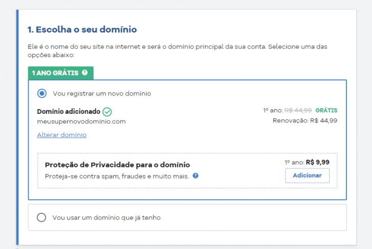 Domínio adicionado para registro