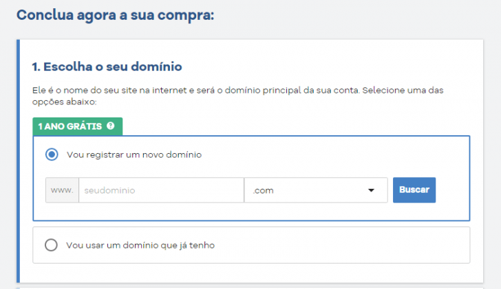 Área para escolha do domínio, fundamental para contratar uma hospedagem na HostGator
