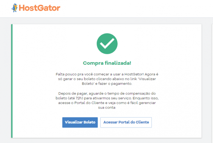 Tela de confirmação da compra na HostGator