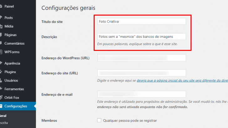 Editando o nome do site e a descrição