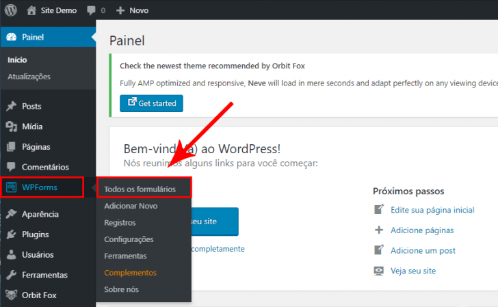 Caminho para editar os formulários do site