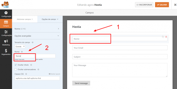 Tela de edição de formulários, no WP Forms