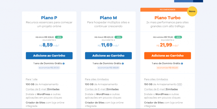 HostGator - tabela de planos em 09/2019