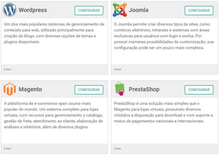 Instalador automático KingBox, da KingHost - amostra de aplicações disponíveis