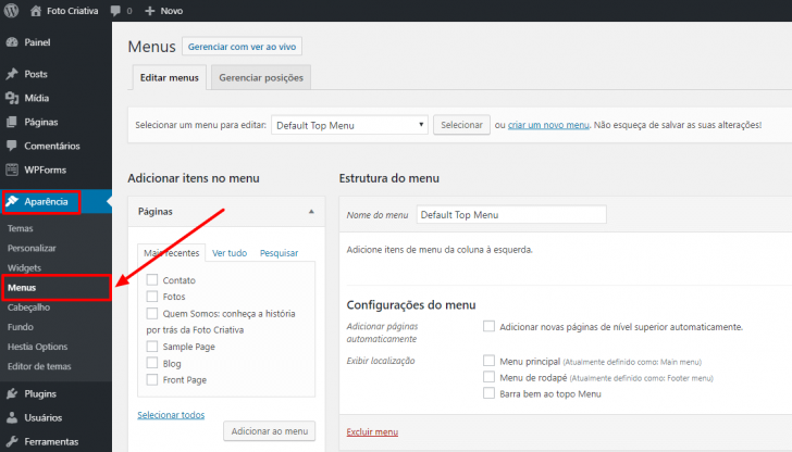 Caminho para gerenciamento e edição de menus no WordPress