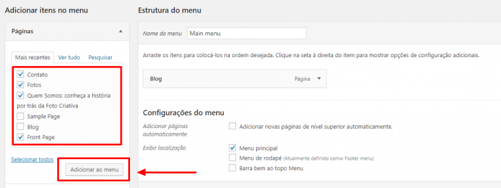 Adicione as páginas que desejar no menu