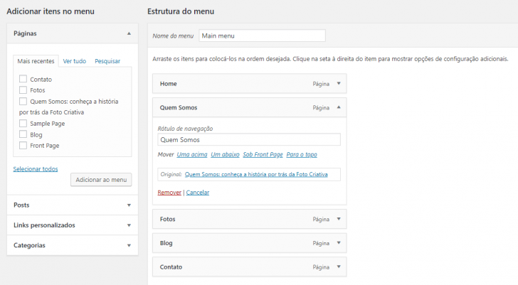 É possível editar o texto de exibição no menu