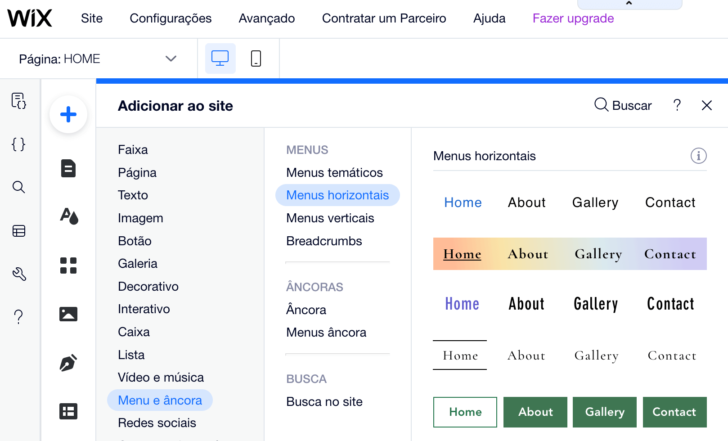 Inserção de menu no Editor de sites Wix