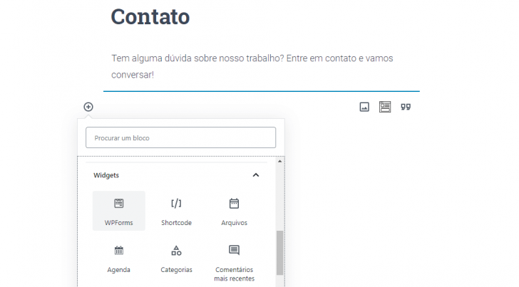 Inserção de bloco do tipo WP Forms, para criação de um formulário de contato