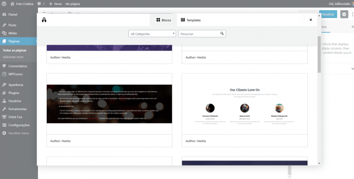 Opções de layouts de página disponíveis após a ativação dos blocos extras