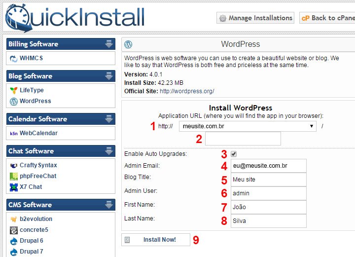 formulário de instalação do wordpress