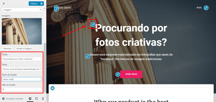 Para editar um texto, basta clicar no ícone de lápis próximo ao elemento