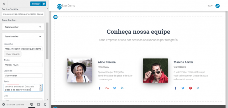 Membros da equipe podem ser adicionados ou removidos no editor visual