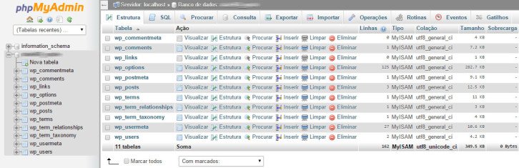 phpmyadmin tabelas wordpress