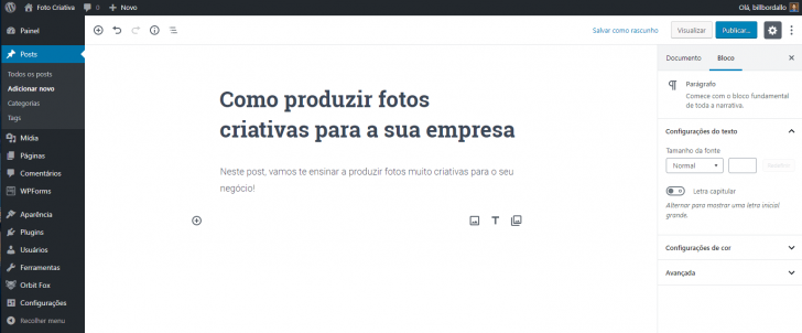 Tela de edição de posts no painel do WordPress