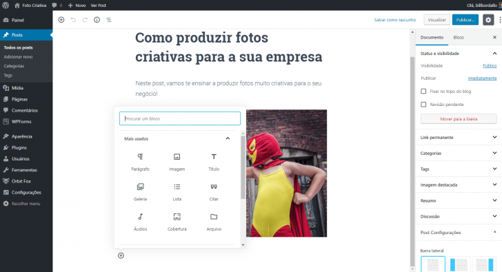 Para adicionar um novo bloco de conteúdo, basta clicar no ícone de “+”