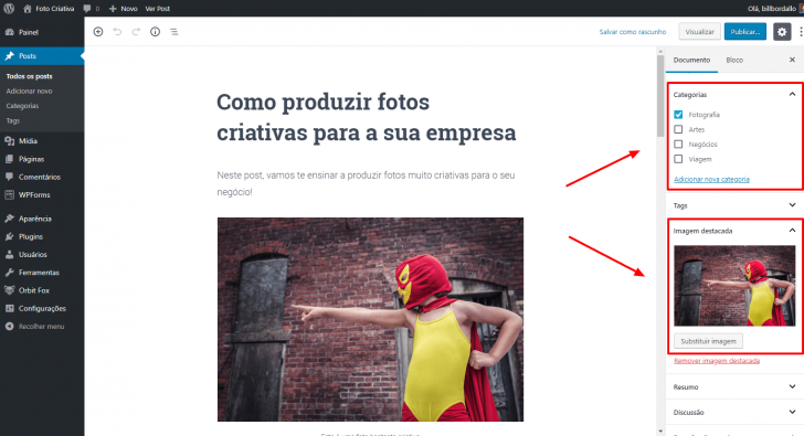 Antes de publicar o post, preencha as informações solicitadas na aba “Documento”