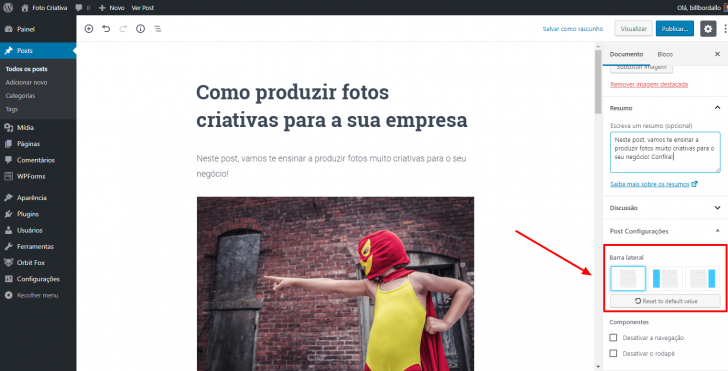 É possível escolher se o post exibirá ou não uma coluna lateral