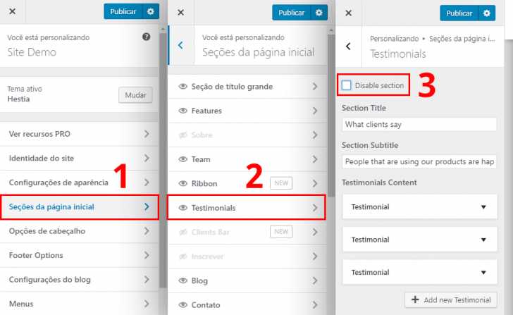 No painel de personalização, pode-se visualizar todas as seções disponíveis, mesmo as que não estão visíveis