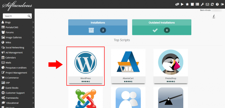 Lista de softwares para instalação no Softaculous, com o WordPress em destaque