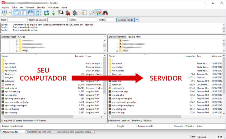 faça upload dos arquivos do seu WordPress via ftp