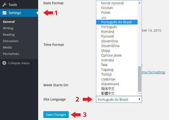 WordPress alterar idioma português