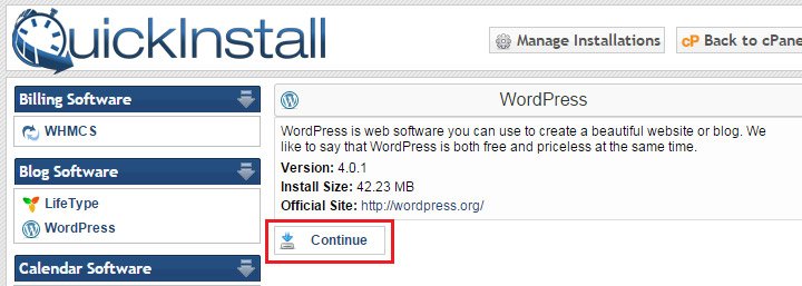Tela inicial QuickInstall WordPress