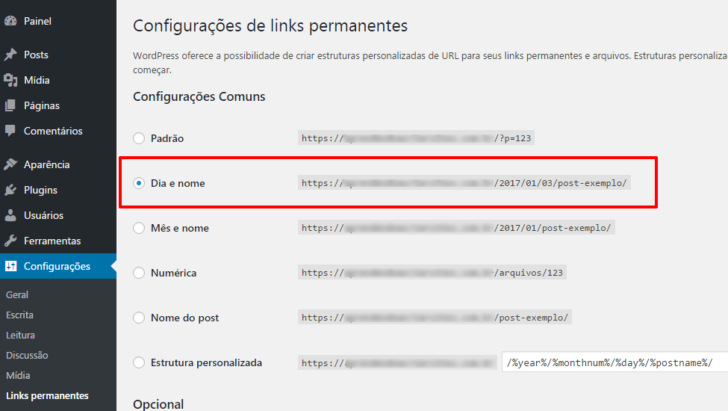 WordPress - estrutura de links permanentes